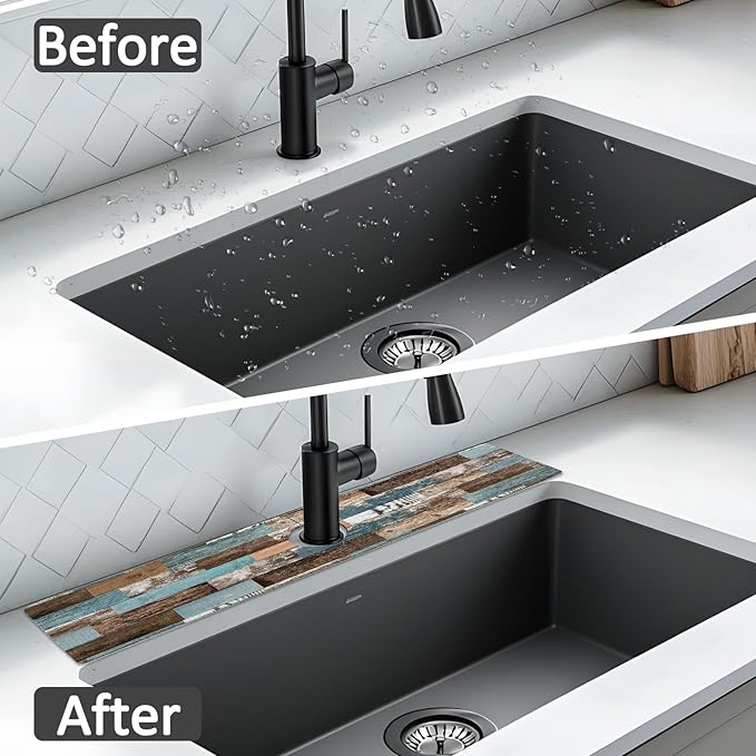 24" X 5.5" Kitchen Sink Splash Guard Faucet Mat Wood Grain Super Absorbent Fast Drying Faucet Guard & Draining Mat Sink Splash Guard Behind Faucet for Kitchen, Bathroom
