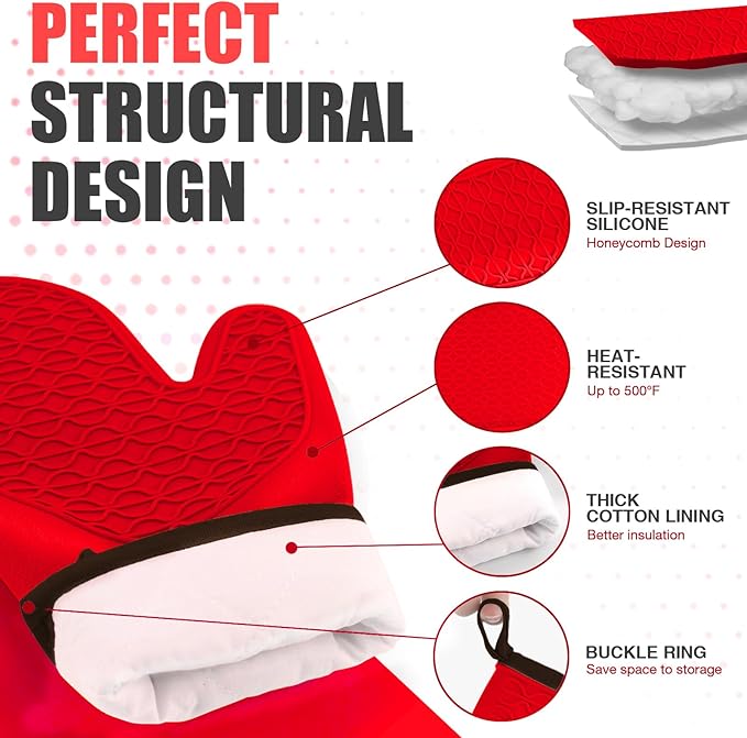 Silicone Oven Mitts, Heat Resistant 2PCS Oven Mitts with Soft Cotton Lining, Waterproof Non-Slip Grip Oven Glove, Kitchen Potholder Mits for BBQ, Baking, Cooking, 12.5 Inch - Red