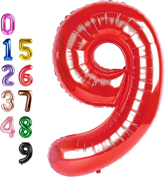 9Th Birthday Decorations 9 Number Balloons, Happy Birthday Decoration for 9th, Red Balloon Numbers 40 Inch for Girls Boys Women Men Engagement, Bridal Shower Party