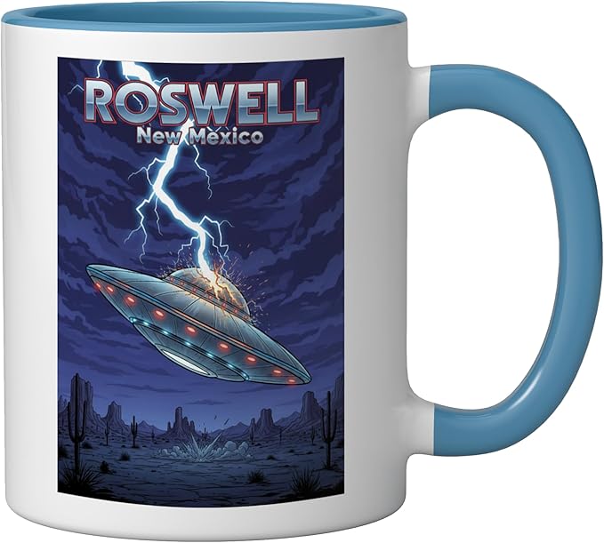 Roswell UFO Flying Saucer New Mexico Souvenir Lightning Ceramic Mug, Blue/White