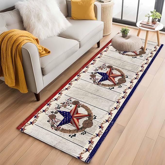 Runner Rug for Bedroom Hallway, Retro USA Flag Star and Berry Kitchen Runner Rugs Area Rug 2x6ft, Wooden Texture Washable Soft Floor Carpet for Entryway Stair