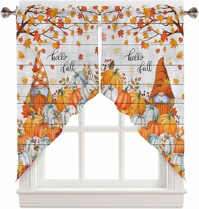 Orange Pumpkins Gnome Maple Leaves Hello Fall Swag Valance Curtains Autumn Thanksgiving Vintage Wood Grain Rod Pocket Kitchen Curtains, Scalloped Window Treatment Valances, 1 Pair, 36" W x 36" L