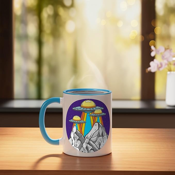 UFO Mountains Retro Spaceship Alien ET Space Galaxy Gift Ceramic Mug, Blue/White