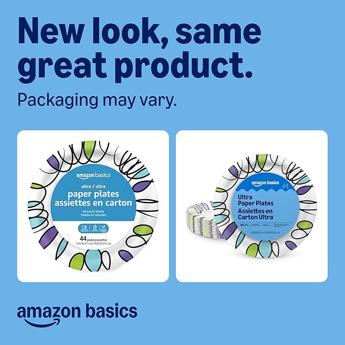 Amazon Basics Ultra Paper Plates, 10 Inch, Disposable, 44 Count, Packaging May Vary