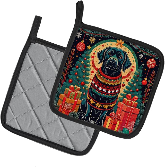 Caroline's Treasures Black Labrador Retriever Christmas Pair of Pot Holders Kitchen Heat Resistant Pot Holders Sets Oven Hot Pads for Cooking Baking BBQ, 7 1/2 x 7 1/2