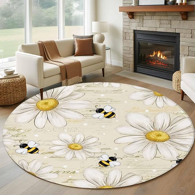 Washable Round Area Rug Retro Watercolor White Floral Bee Circle Rugs Floor Carpet for Living Room Bedroom, Summer Daisy Letter Texture Soft Non Slip Round Rug 5ft