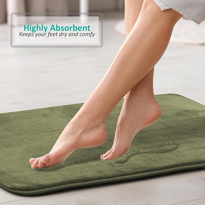 Clara Clark 3 Piece Bathroom Rugs Bath Mat Set, Velvet Memory Foam Bath Mats for Bathroom - Non-Slip, PVC Backing Bath Rugs, Washable - Dries Quickly, Green