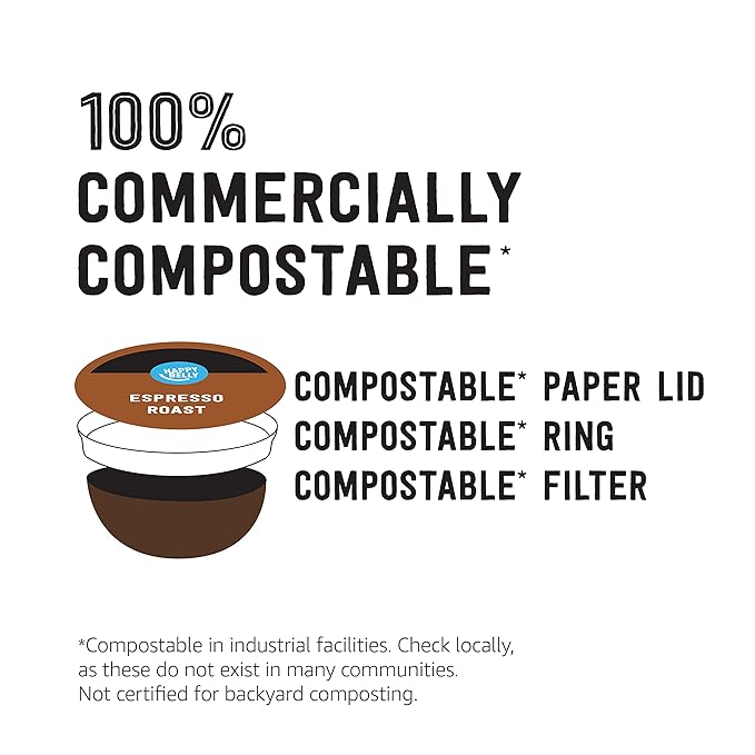 Amazon Brand - Happy Belly Espresso Roast Compostable Coffee Pods (Dark Roast), Compatible with K-Cup Brewer, 96 Count