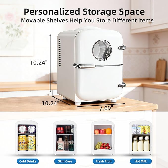 Antarctic Star Mini Fridge, 4L Capacity/6 Cans Portable Cooler and Warmer Compact Refrigerator, for Bedroom,Car,Office and Dorm, Small Cooler and Warmer for Cosmetics, Beverage and Food, White