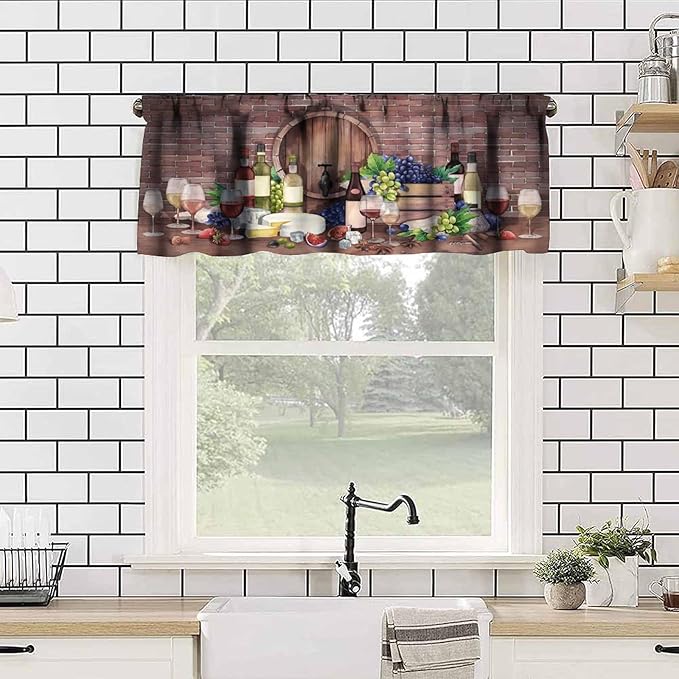 Rustic Wine Cellar Curtain Valance, Watercolor Wine Cheese Party Backdrop Farm Decor Short Window Drapes for Kitchen Dining Bedroom Living Room Bar, 54x18Inch