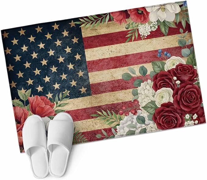 Area Rug 2x3ft, Independence Day 250th Anniversary Washable Rugs for Living Room Bedroom, Vintage USA Flag Floral Soft Non-Slip Area Rugs Rectangle Floor Carpet for Dining Room