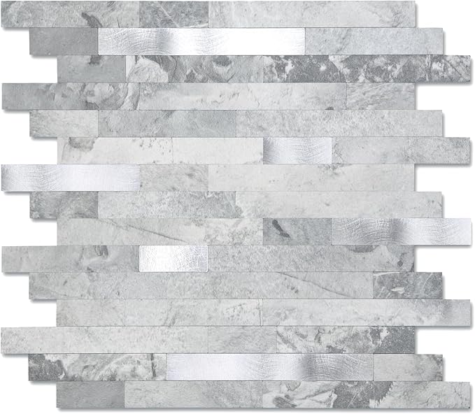 Yipscazo 1 Sheet Peel and Stick Stone Metal Tile Backsplash, Stick on Tiles for Backsplash Kitchen, Bathroom, Laundry Room, Camper, Fireplace (12'' X 12'', Gray Stone with Metal)