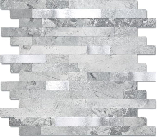 Yipscazo 10 Sheets Peel and Stick Stone Metal Tile Backsplash, Stick on Tiles for Backsplash Kitchen, Bathroom, Laundry Room, Camper, Fireplace (12'' X 12'', Gray Stone with Metal)