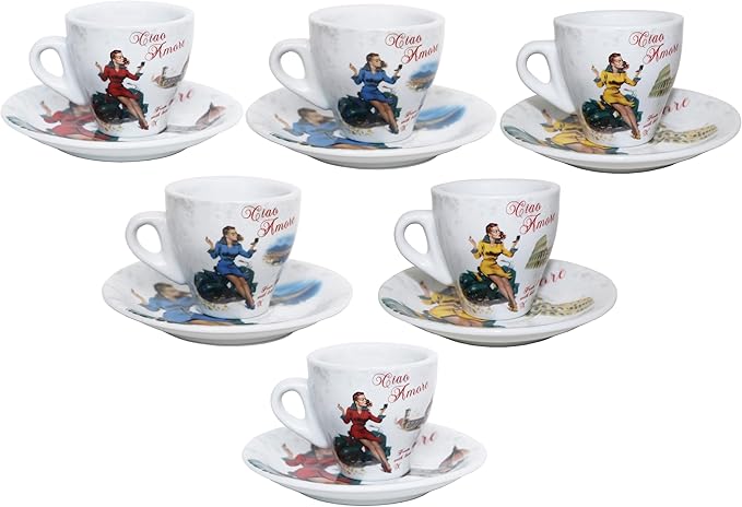 Lorren Home Porcelain Espresso Cups and Saucers, Vespa Scene Design, 3 Oz, Set of 6