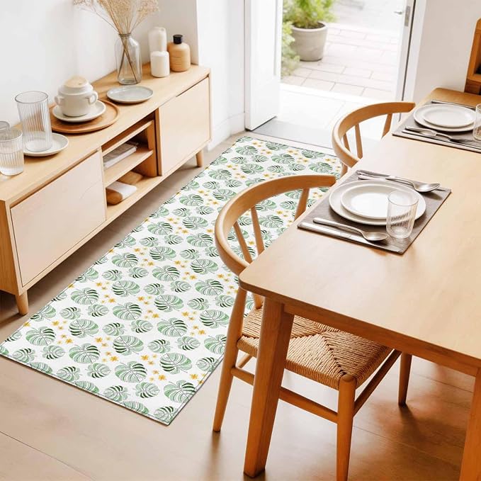 Runner Rug for Bedroom Hallway, Summer Palm Leaves Pattern Kitchen Runner Rugs Area Rug 2x6ft, Scattered Starburst Flowers Washable Soft Floor Carpet for Entryway Stair