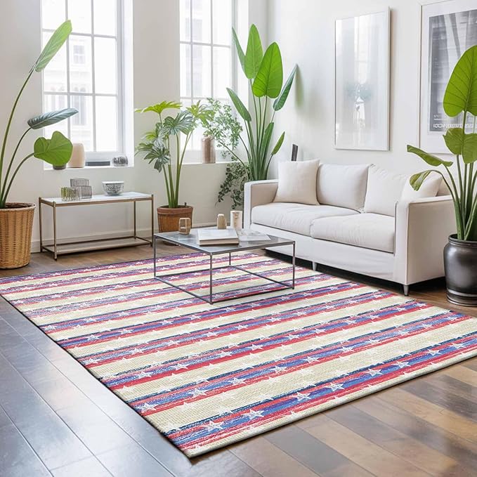 Area Rug 9x12ft, American Star Stripe Washable Rugs for Living Room Bedroom Rectangle Floor Carpet, Retro Independence Day Theme Soft Non-Slip Area Rugs for Dining Room