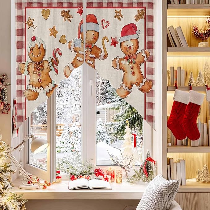 Christmas Swag Valance Curains Watercolor Ginger Bread Man Linen Texture Rod Pocket Kitchen Curtains Scalloped Window Treatment Valances Swag for Living Room Bedroom, 1 Pair, 36"W x 36"L