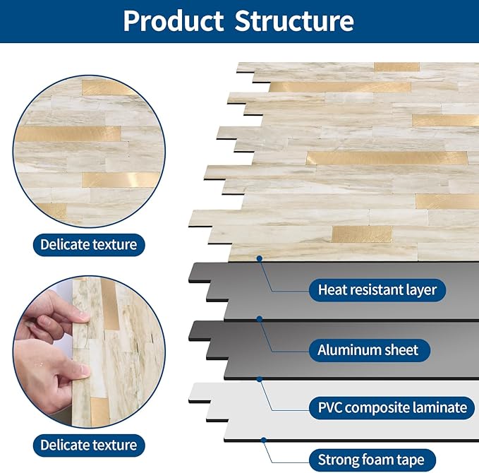Yipscazo 20 Sheets Peel and Stick Stone Metal Tile Backsplash, Stick on Tiles for Backsplash Kitchen, Bathroom, Laundry Room, Camper, Fireplace (12'' X 12'', Beige Stone with Gold)