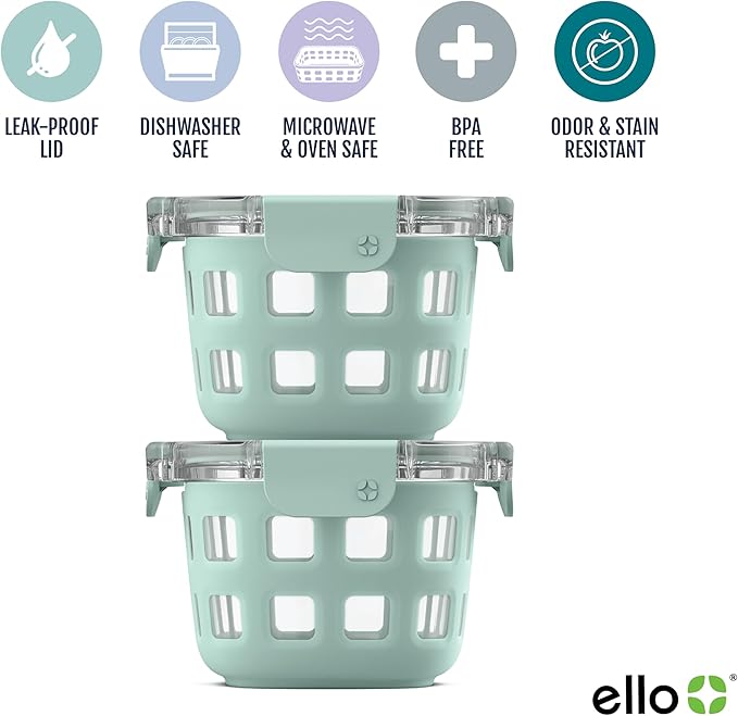 Ello Duraglass 8-Pack 2 Cup Reusable Glass Container Jar with Leak Proof Lids and Protective Silicone Sleeves | Perfect for Overnight Oats, Snacks, Yogurt | BPA-Free | Dishwasher Safe | Yucca