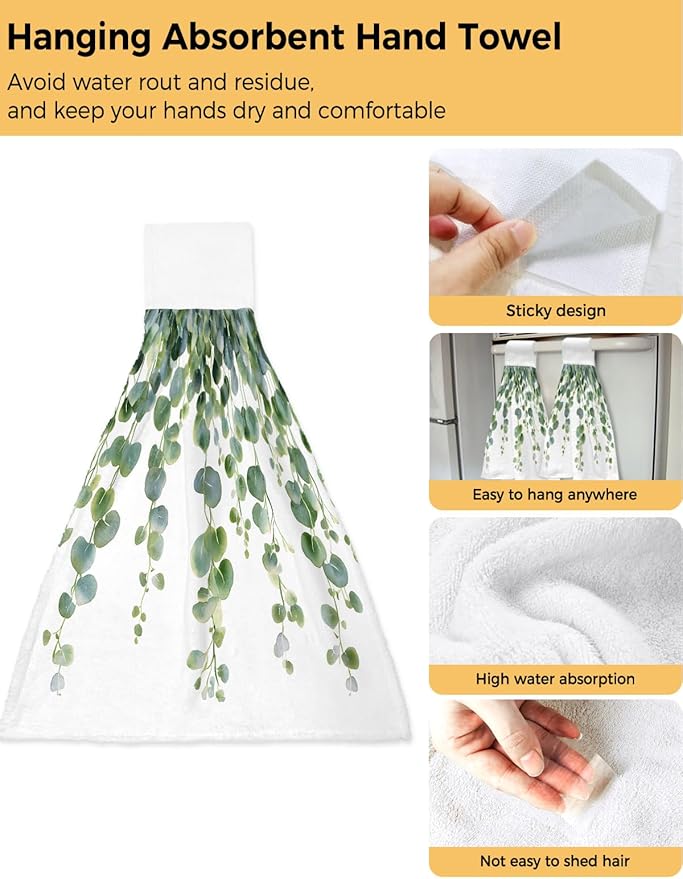 Alandar Home Kitchen Tie Towel Set of 1, Spring Green Eucalyptus Leaves Absorbent Soft Hand Towels for Bathroom Hanging Towels, Watercolor Botanical Fast Drying Cleaning Cloth with Loop