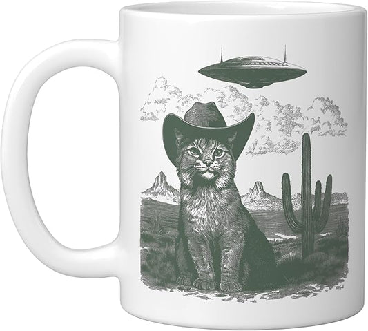 Feline in Hat UFO Sighting Arid Wilderness Cat Design Ceramic Mug, White