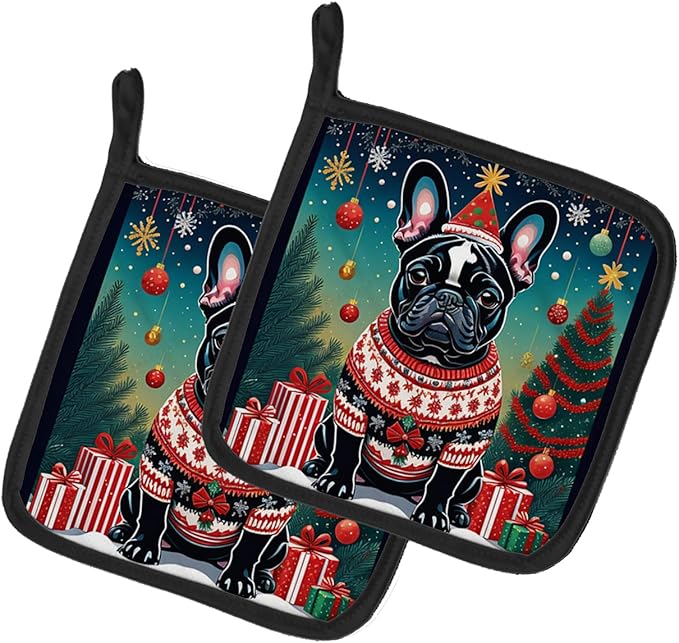 Caroline's Treasures Black French Bulldog Christmas Pair of Pot Holders Kitchen Heat Resistant Pot Holders Sets Oven Hot Pads for Cooking Baking BBQ, 7 1/2 x 7 1/2