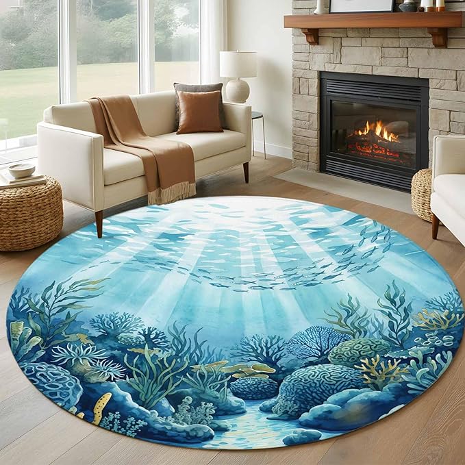 Washable Round Area Rug Underwater World Coral Seaweed Circle Rugs Floor Carpet for Living Room Bedroom, Seafloor Ocean Life Fish Soft Non Slip Round Rug 5ft