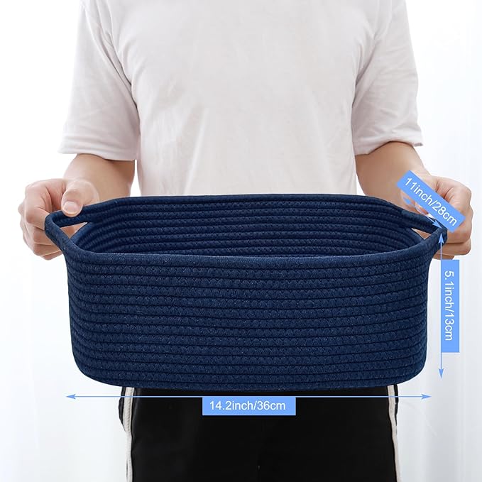ABenkle Small Storage Basket with Handles, Cotton Rope Woven Dog Cat Toy Bin, Decorative Shelves Closet Organizing for Nursery Laundry Bedroom Bathroom, 14.2''x 11''x 5.1''