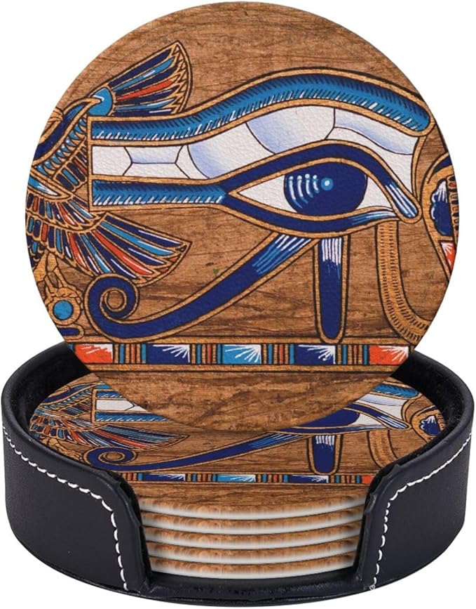 Ancient Egyptian Leather Drinks Coasters with Holder, Set of 6, Suitable for Various Cups