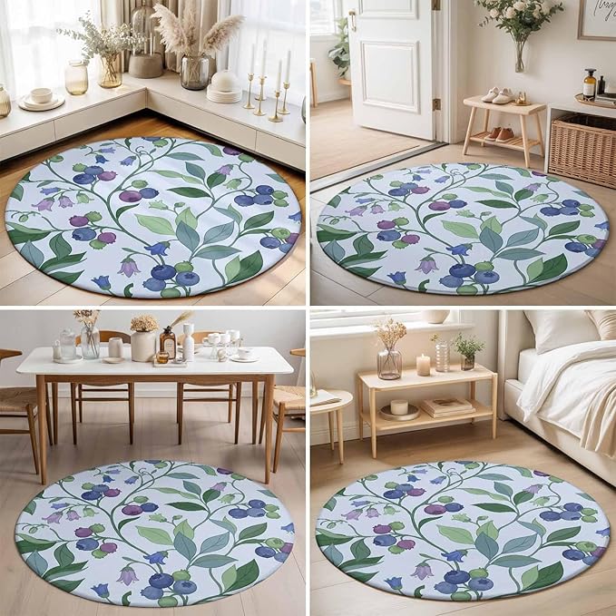 Washable Round Area Rug Blueberries Bell Flowers Circle Rugs Floor Carpet for Living Room Bedroom, Modern Watercolor Plants Soft Non Slip Round Rug 5ft