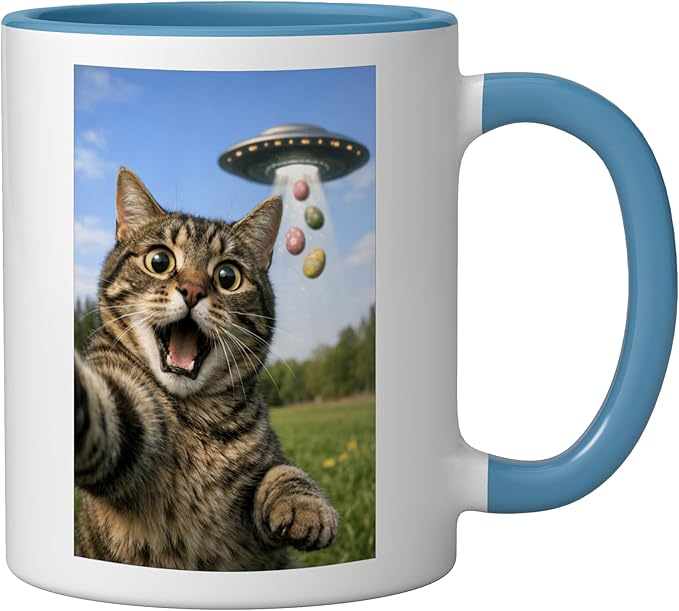 Funny Cat Selfie with Easter Eggs UFO for Men Women Kids Ceramic Mug, Blue/White