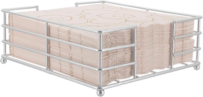 Boston International Paper Napkin Holder Caddy Dispenser for Kitchen Dining Buffet & Bar Countertops, 6.75" x 6.75" (Fits Lunch Size), Silver Metro