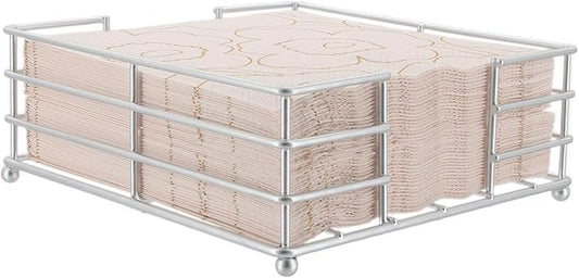 Boston International Paper Napkin Holder Caddy Dispenser for Kitchen Dining Buffet & Bar Countertops, 6.75" x 6.75" (Fits Lunch Size), Silver Metro