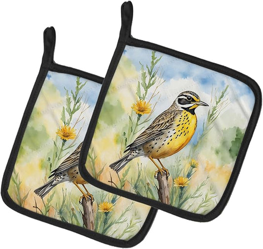 Caroline's Treasures North Dakota Western Meadowlark Pair of Pot Holders Kitchen Heat Resistant Pot Holders Sets Oven Hot Pads for Cooking Baking BBQ, 7 1/2 x 7 1/2
