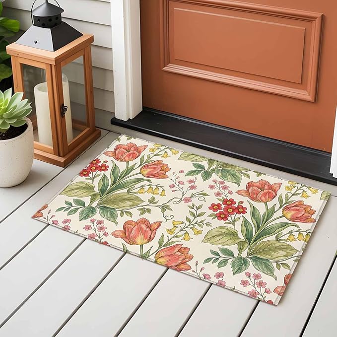 Area Rug 2x3ft, Vintage Tulips Red Daisies Washable Rugs for Living Room Bedroom, Yellow Blooms Floral Pattern Soft Non-Slip Area Rugs Rectangle Floor Carpet for Dining Room