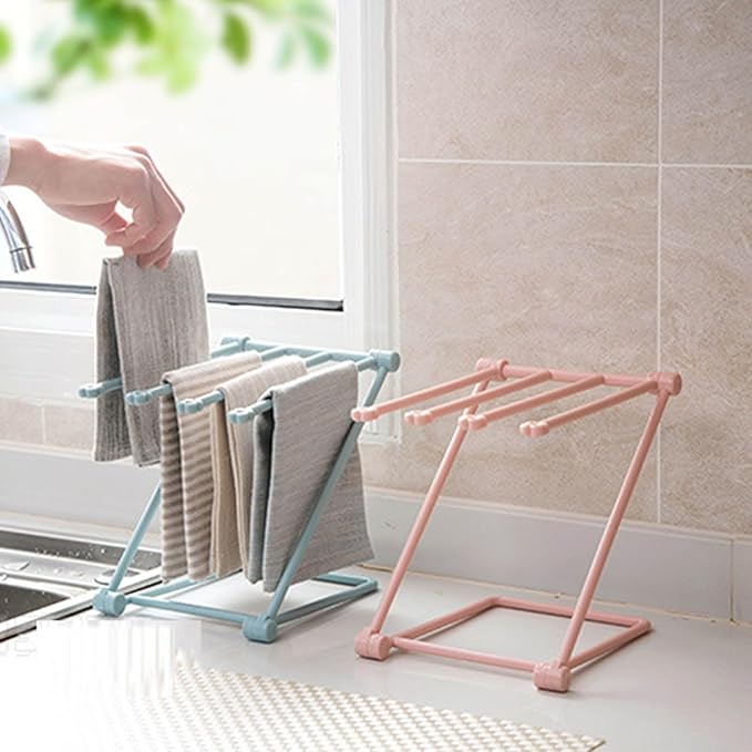 GOTOTOP Folding Towel Drying Rack with 4 Arms, Hanging Towel Holder for Kitchen Organization, Well Organized, Easy to Take (Light Blue)
