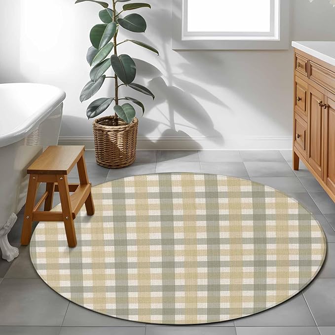 Washable Round Area Rug Farmhouse Vintage Beige Tan Buffalo Plaid Circle Rugs Floor Carpet for Living Room Bedroom, Rustic Linen Soft Non Slip Round Rug 3ft