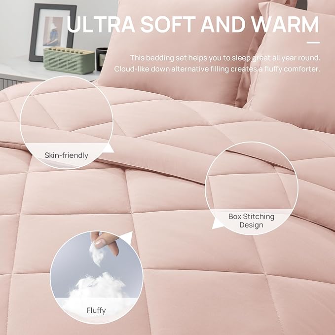 Love's cabin Twin Comforter Set Pink, 5 Pieces Twin Bed in a Bag, All Season Bedding Sets with 1 Comforter, 1 Flat Sheet, 1 Fitted Sheet, 1 Pillowcase and 1 Pillow Sham | Soft, Breathable, Lightweight, Comfortable