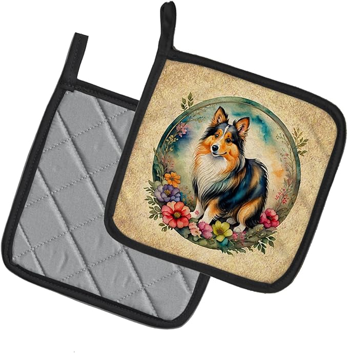 Caroline's Treasures Sheltie and Flowers Pair of Pot Holders Kitchen Heat Resistant Pot Holders Sets Oven Hot Pads for Cooking Baking BBQ, 7 1/2 x 7 1/2