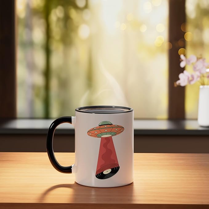 Retro Alien Abduction Record Space Vibes Tee Ceramic Mug, Black/White