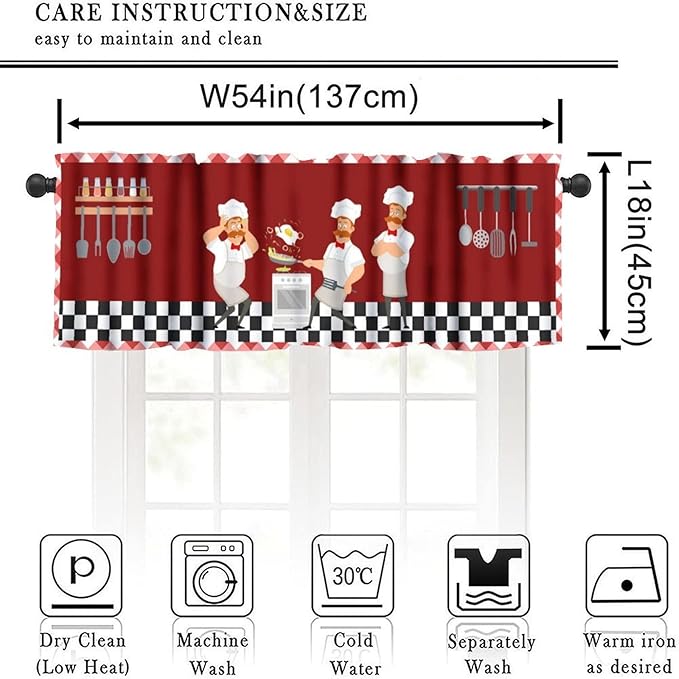 Funny Chef Kitchen Valance, Red Checkered Cartoon Chef Cooking Scene Rod Pocket Window Curtain for Kitchen Dining Resturant Bedroom Home Decor, 54x18Inch
