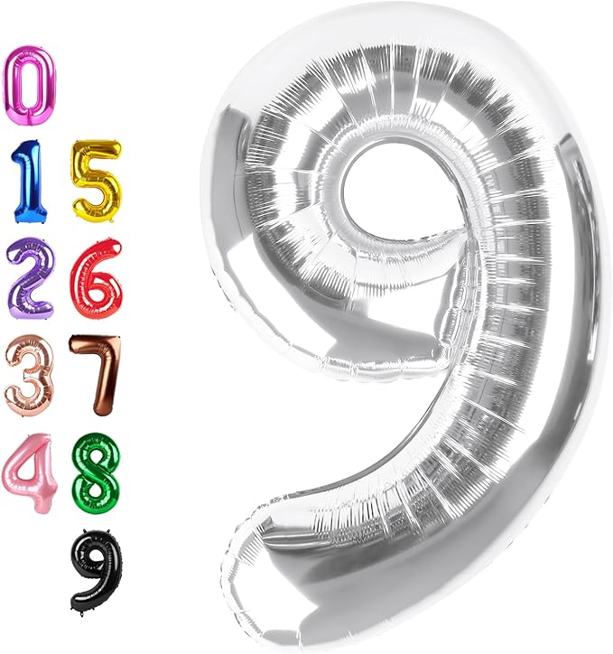 9Th Birthday Decorations Numbers 9 Balloons, Happy Birthday Decoration for 9th, Silver Balloon Numbers 40 Inch for Girls Boys Women Men Engagement, Bridal Shower Party
