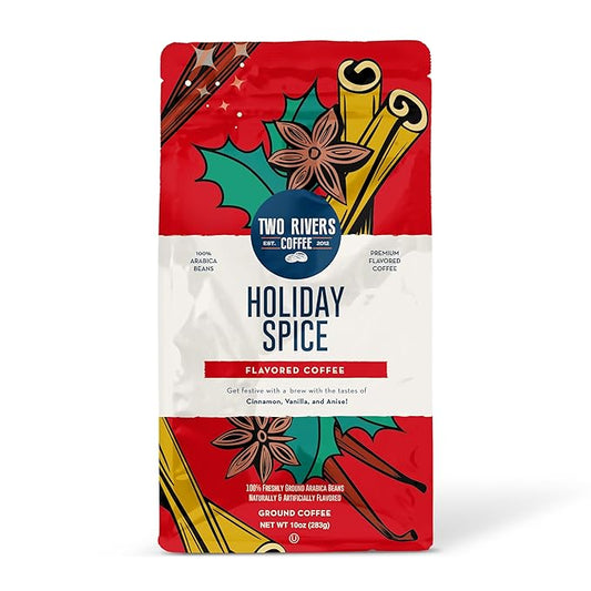 Two Rivers Coffee Holiday Spice Flavored Ground Coffee, Perfectly Balanced, Always Smooth, Made with 100% Arabica Beans - Flavor Enhanced, 10 Ounce Bag