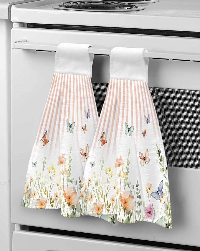 Alandar Home Kitchen Tie Towel Set of 2, Pastoral Floral Leaf Flying Butterfly Absorbent Soft Hand Towels for Bathroom Hanging Towels, Gradient Orange Stripes Fast Drying Cleaning Cloth with Loop