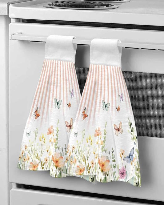 Alandar Home Kitchen Tie Towel Set of 2, Pastoral Floral Leaf Flying Butterfly Absorbent Soft Hand Towels for Bathroom Hanging Towels, Gradient Orange Stripes Fast Drying Cleaning Cloth with Loop