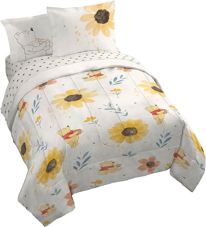 Jay Franco Disney Winnie The Pooh King Comforter Set - 7 Piece Bedding Includes Sheet Set & Pillow Covers - Super Soft Cozy Floral Bedding