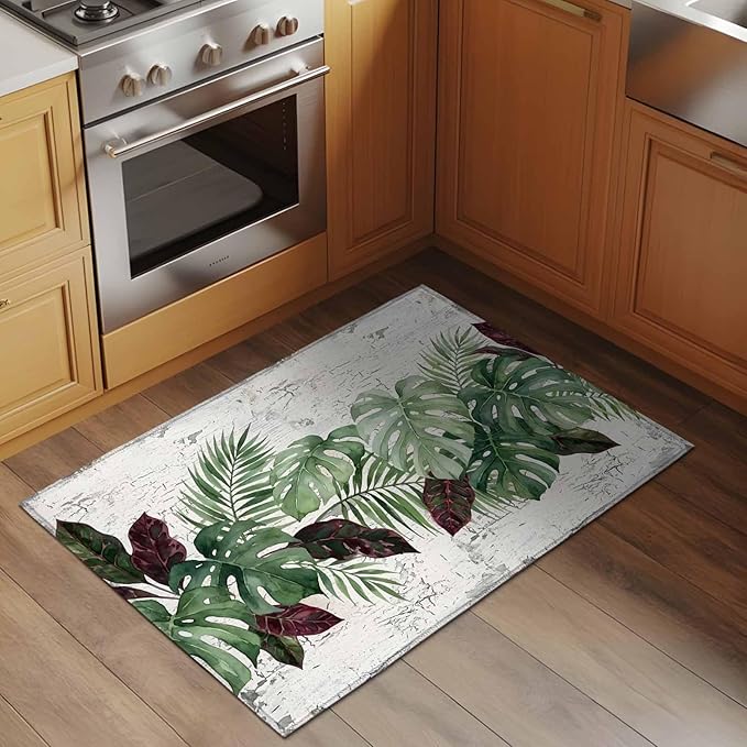 Area Rug 2x3ft, Summer Green Monstera Palm Leaves Washable Rugs for Living Room Bedroom, Vintage Botantical Soft Non-Slip Area Rugs Rectangle Floor Carpet for Dining Room
