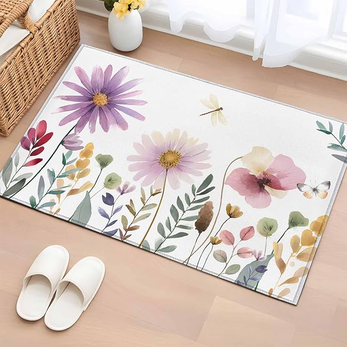 Area Rug 2x3ft, Country Field Purple Flowers Washable Rugs for Living Room Bedroom, Farm Floral Art Soft Non-Slip Area Rugs Rectangle Floor Carpet for Dining Room