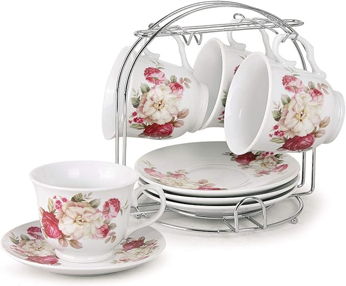 8oz. Set of 4 Coffee/Tea Cups On Metal Stand-Red and Ivory Flower