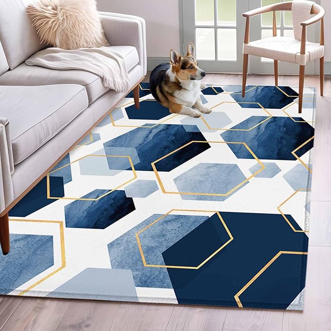 Area Rug 4x6ft, Watercolor Blue Hexagon Washable Rugs for Living Room Bedroom, Abstract Geometric Art Soft Non-Slip Area Rugs Rectangle Floor Carpet for Dining Room